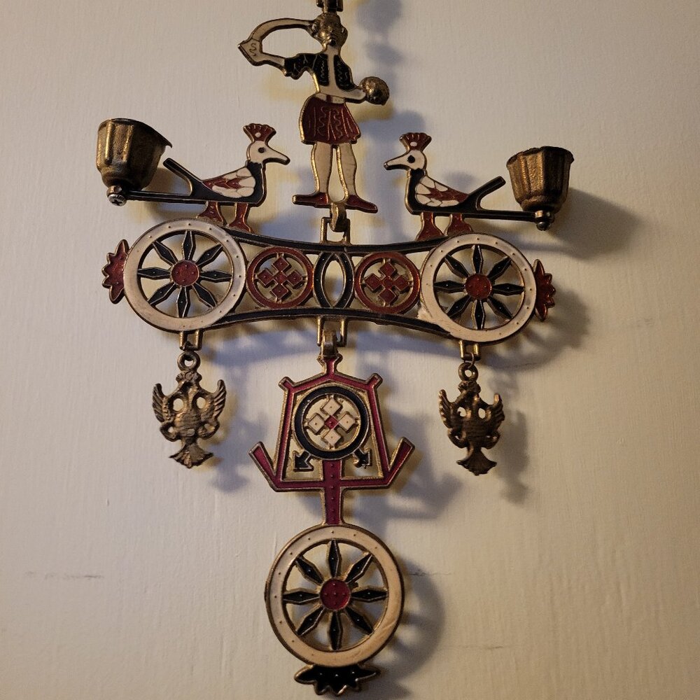 Vintage  Greek SMALTOTEX Brass & Enamel Hanging Cross Candle Holder